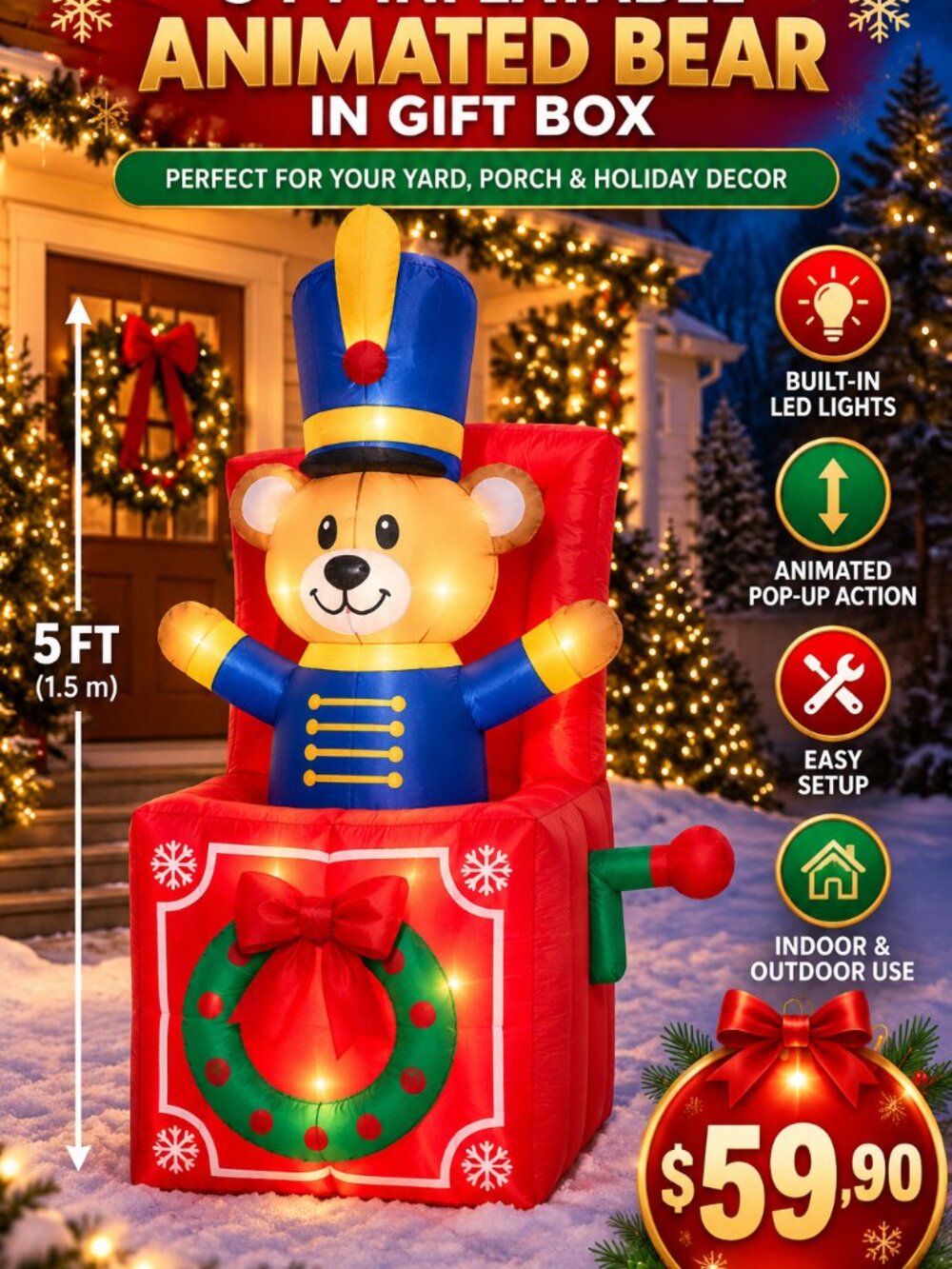 Home Accents Holiday - Oso inflable animado en caja de 5 pies